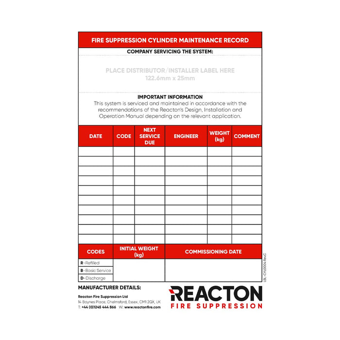 Reacton Adhesive Cylinder Maintenance Label A5 - RE6113